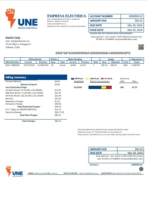 Cuba Empresa Electrica business utility bill template in Word and pdf formats